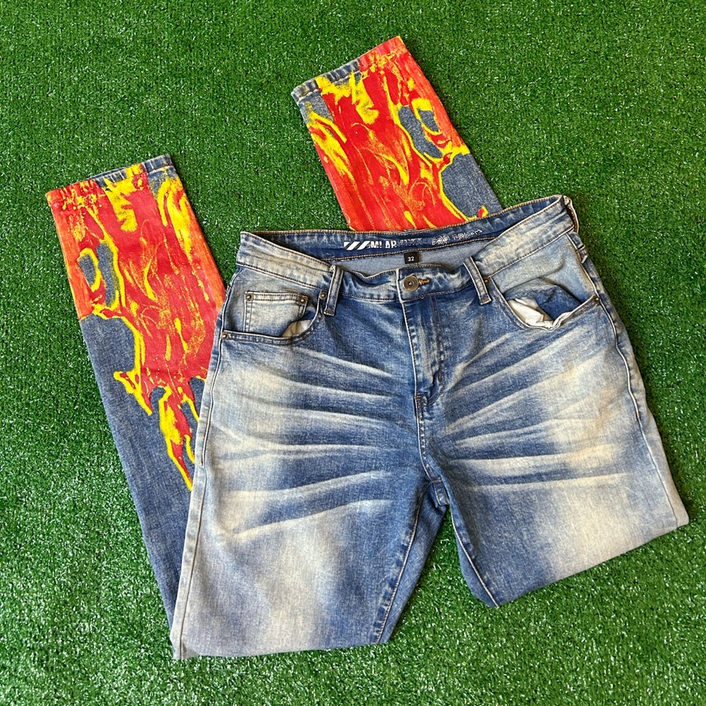 MLAB Flame Jeans Slim Tapered Denim with Flame Print | Y2K Streetwear